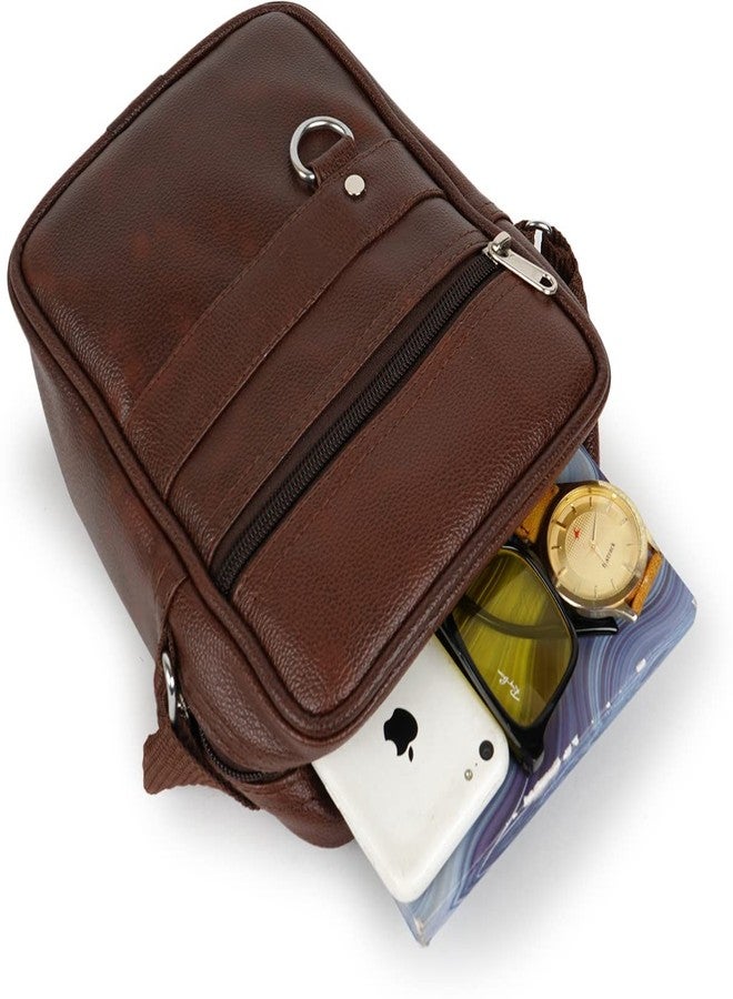 Alison Pure Luxury Gloss Leather Small Sling Bag for Men | Chest Slinger bag | Crossbody Bag| Side Bag Men | Mini Leather Slings | Corporate Gift Item | Passport Document Sling. (Royal Brown) (Brown) - Image 2